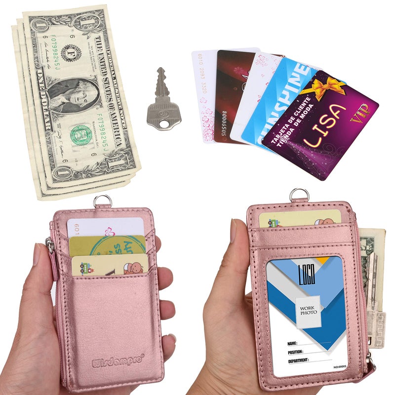 Wisdompro Badge Holder with Zip, Wisdompro Double Sided PU Leather ID Badge Card Holder Wallet Case with 5 Card Slots, 1 Side Zipper Pocket and 20 Inch Leather Neck Lanyard/Strap - Rose Gold (Vertical) - Image 4